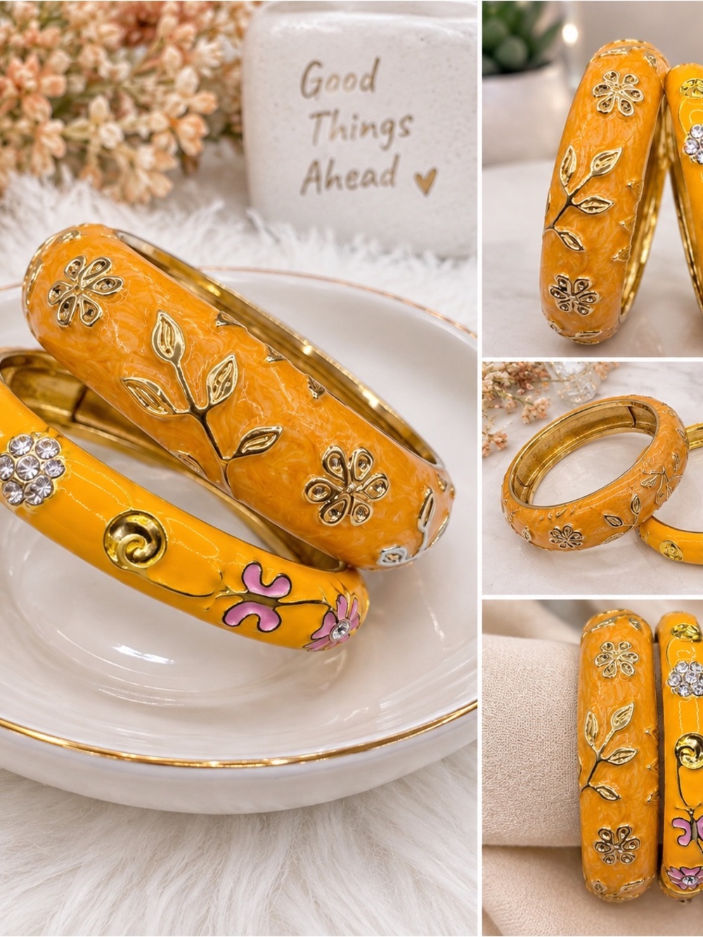 Fall fest Orange Enamel Floral Gold Tone Hinged Bangle Bracelet Set of 2 - Picture 5 of 10